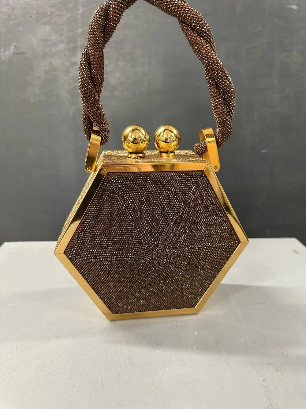 1940’s Elegant Hexagon Bronze Beaded Metallic Evening Clutch with Gold Accents